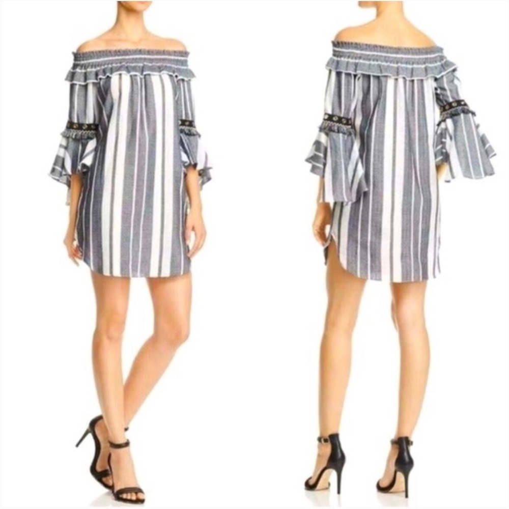 ⏺️MISA Los Angeles Striped Off-Shoulder Boho Festival Bell Sleeve Mini Dress